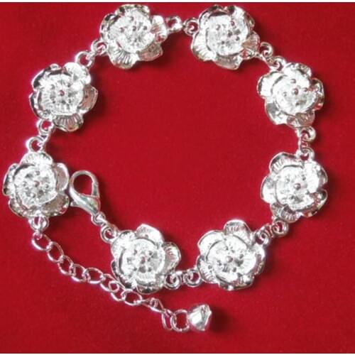 8 Bright Silver Plated Rose Flowers Metallic Adjustable Bracelets for Women