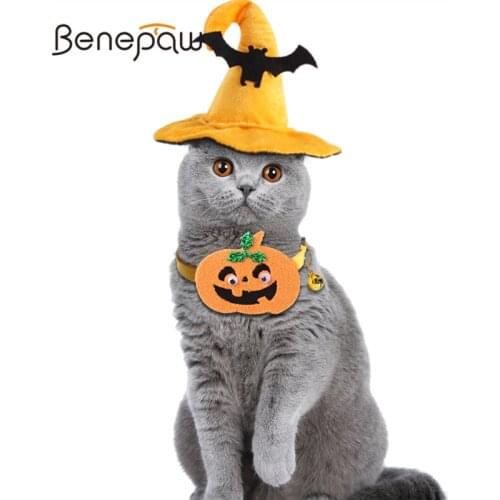 Benepaw Cat Halloween Hat Collar Cosplay Costume Adjustable Pet Elastic Witch Bat Hat Pumpkin Collar For Halloween Pet Party