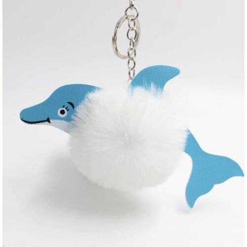 Keyring Dolphin Pompom Car Key Ring Pendant Fur Ball Keychain Rabbit Fur Plush Fur Key Chian POM POM Keychain S349