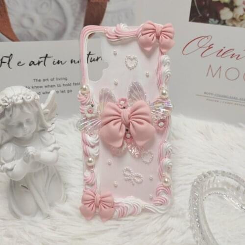 Angel Pink Bowknot Handmade Case For iPhone 12 pro max DIY phone shell 11pro 3D Cherry XS MAX XR Creamy Customized Cover 12 mini
