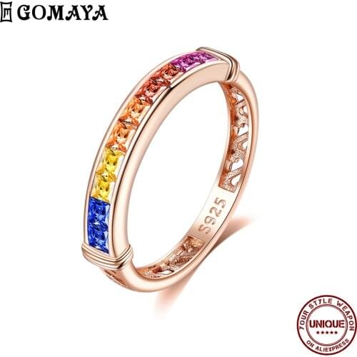 GOMAYA Rainbow Zircon Multisize Ring For Women S925 Sterling Silver Engagement Wedding Band Rose Gold Charming Fine Jewelry