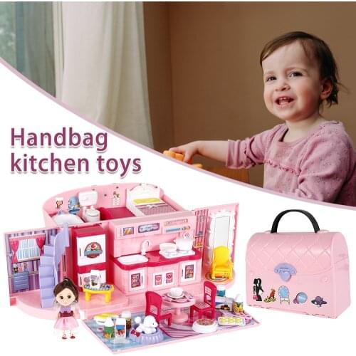 Portable Doll House Play Set Children Play House Toys Carry Case and Doll House Kitchen Toys Accessories Interactive Game Gift