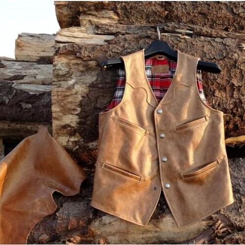 Vicissitudes of life tobacco color batiks cowhide import Japanese troupe, restore ancient ways tooling vest male leather coat