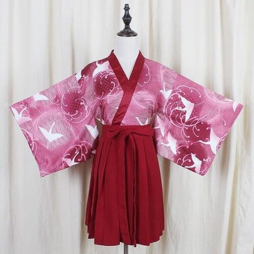 Japanese Kimono Yukata Version Red Crane Outwear Tops+ Red Pleated Skirt 2PC Womens Set