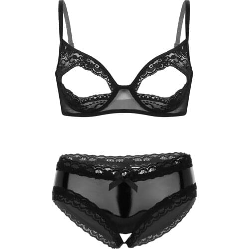 Womens ExoticLingerie Set Sheer Lace Floral Adjustable Spaghetti Straps Nipple Split Unlined Bra Tops with Patent Leather Briefs