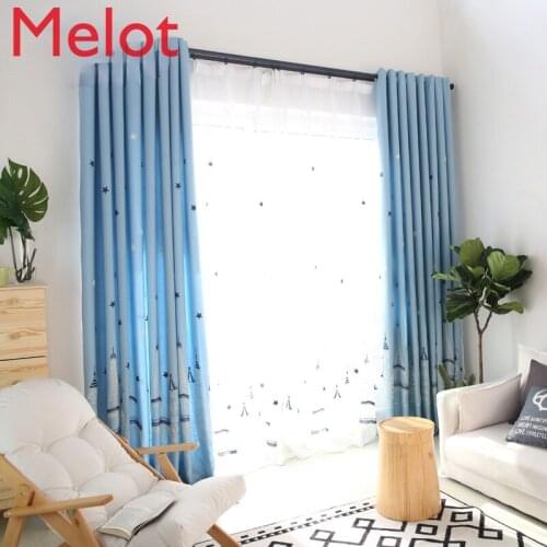 Korean-Style Cotton and Linen Shading Curtain Boy Bedroom Floor Curtain Embroidered Mesh Curtains