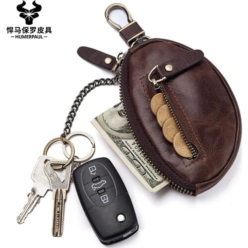 HUMERPAUL genuine leather coin purse men short mini wallet key bag zipper split car key bag Housekeeper Key Case small