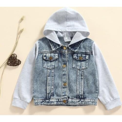 Autumn Spring Kids Boys Causal Jacket Outwear Long Sleeve Denim Patchwork Single Breasted Hooded Coats Children Outfits