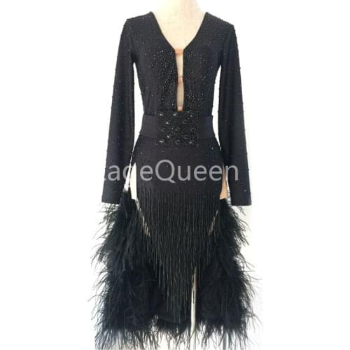 Customizable Feathers Sparkly Rhinestones Women Latin Dance Dress Long Sleeves Design Dance Ballroom Dancing Competition Dresses
