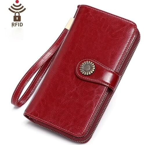 Genuine Leather rfid anti-theft brush ladies wallet long oil waxed leather mobile phone clutch bag cowhide retro purse