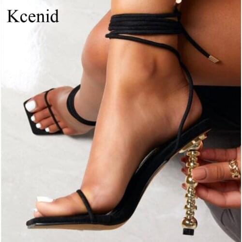 Kcenid 2021 New Summer Women Sandals Sexy Square Toe Lace Up Women Gladiator Sandals Metal High Heels Party Shoes Black Size 41