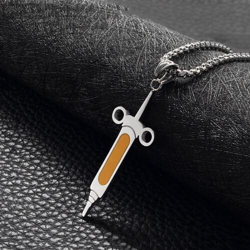 New Arrive Stainless Steel Doctor Medical Stethoscope Syringe Necklace Yellow Enamel Chain Needle Medical Necklaces for Women