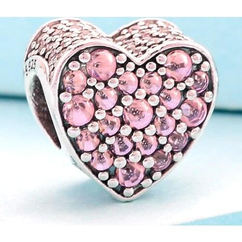 Original Pink Dazzling Heart With Cubic Zirconia Beads Fit 925 Sterling Silver Charm Bracelet Bangle DIY Jewelry