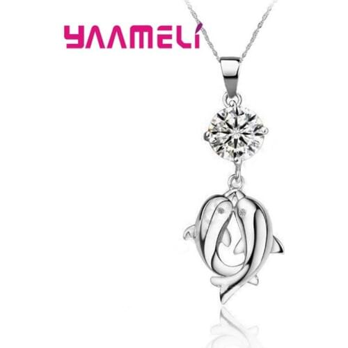 Women Big Discount 925 Sterling Silver Three Colors Clear Cubic Zirconia Crystal Jewelry Cute Dolphin Pendant Necklace