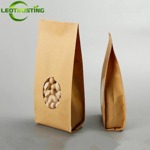 50pcs Kraft Paper Side Gusset Window Bag For Coffee Snack Cookie Tea Packaging Paper Storage Bag Open Top Fast Food Bag