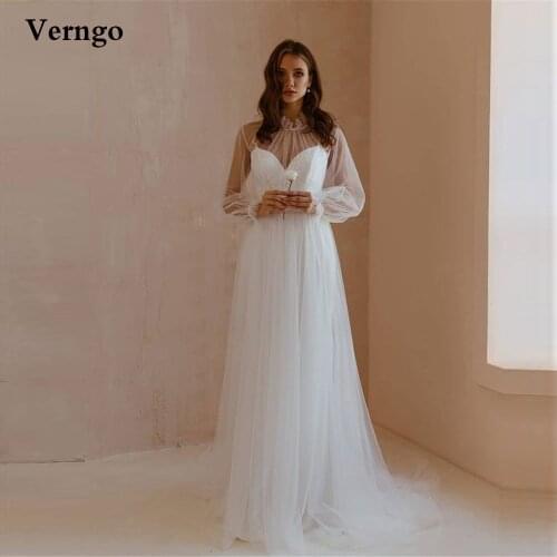 Verngo 2021 Simple Puff Long Sleeves Wedding Dress High Neck Tulle Lace Underlay Sweep Train Plain Bride Bridal Gowns