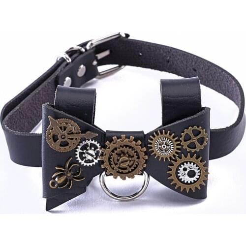 Steapunk Leather Bow Knot Gears Necklace Collar Fashion Punk Bow Tie Gear Choker Clothing Accessories