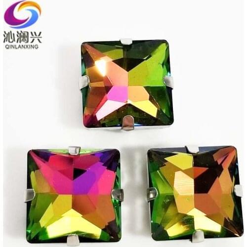 Seven color top quality Glass Crystal sew on stones,square shape claw rhinestone with holes,Diy/Clothing accessorie SWZ423