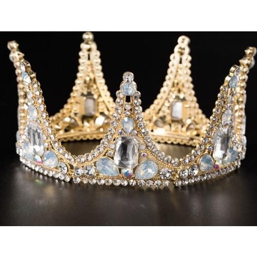 Gold Color Big Round Crowns Baroque Tiara Crown Crystal Wedding Party Hair Accessories Queen Princess Diadem Bridal Cake Topper