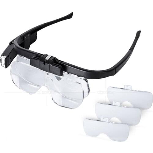 USB Rechargeable LED Lighting Glasses-Type Headband Magnifier Adjustable 2 Lens Magnifying Glasses for Watchmaker Repair Wearing