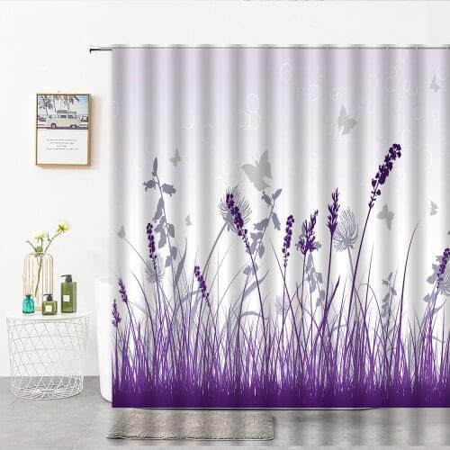 Purple Plant Flowers Shower Curtain Hand Drawn Butterfly Kitchen Bedroom Bathroom Decor Curtains 3D With Hook Bath Supplies