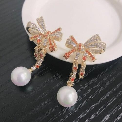Bilincolor Orange Zirconia Knot Tassl White Pearl Tassel Earrings for Women Party