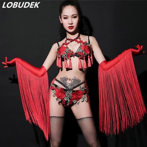 Female Bar Club DJ Pole Dance Costume Red Rose Flowers Bikini Tassel Gloves 3-Pieces Stage Wear Valentines Day Nightclub Outfit