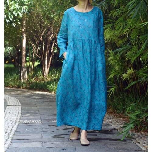 Women Spring Summer Print Ramie Dress Loose Casual Printed Round Neck Wrinkle Dress Female Vintage Retro Dress 2018