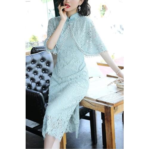 New summer Chinese retro style mandarin collar slim lace improved Cheongsam dress with shawl for women