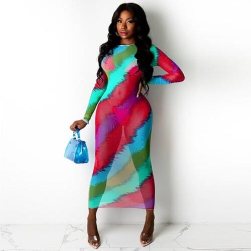 Rainbow Tie Dye Striped Print Party Club Dress Women Mesh Sheer Long Sleeve See Through Dress Vintage Nightwear Bandage Dress