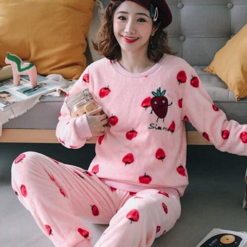 Winter Flannel Warm Pajamas for Women Long Sleeve Home Suit Ladies Sleepwear Cartoon Velvet Pajama Set Thick Feminino Pyjamas