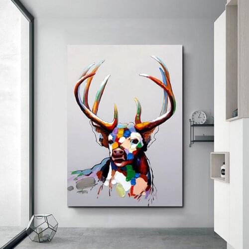 100%Hand Painted Handmade Impression Colorful Elk Animal Abstract Oil Painting Canvas Wall Art Pictures Children Room Decoration