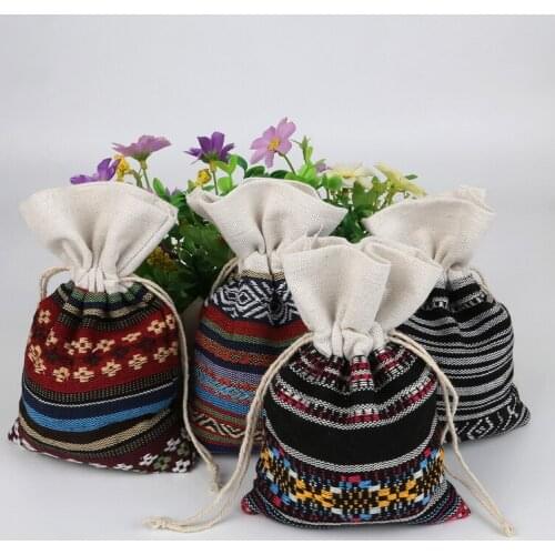 15pcs Fashion Cotton Jewelry Bags Ethnic Gift Bags Stripe Tribal Drawstring Bags Christmas Jewelry Earring Necklace Pouches