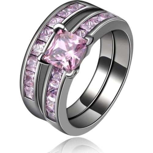 2 pcs YaYI Jewelry Fashion Princess Cut 7.2 CT Pink Cubic Zirconia Black Color Engagement Wedding Party Couples Rings