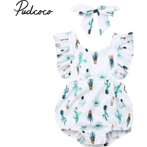 2019 Baby Summer Clothing Newborn Infant Baby Girl Boys Cactus Bodysuit Cotton Jumpsuit Ruffles Outfit Headband 2Pcs Sets