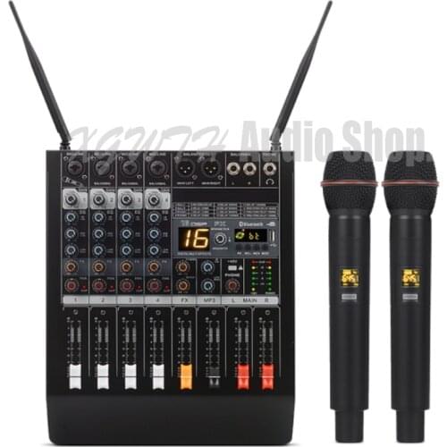 4 Channel 16 DSP Digital Effect Power Amplifier Studio Audio Mixer Bluetooth USB Mixing Console 2 Handheld Wireless Microphone