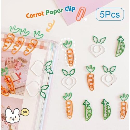 5 Pcs Kawaii Cartoon Carrot Shaped Metal Paper Clip Bookmark Green Bean Vegetables Creative Peach Cartoon Office Student Supply
