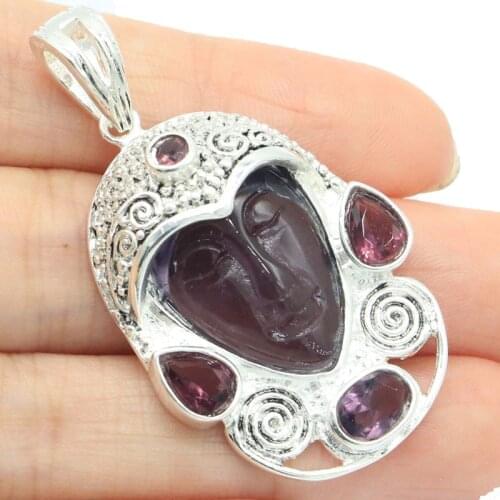 50x31mm SheCrown Unique 11.6g Egypt White Goddess Face Created Garnet Tanzanite Blue Topaz Silver Pendant Eye Catching