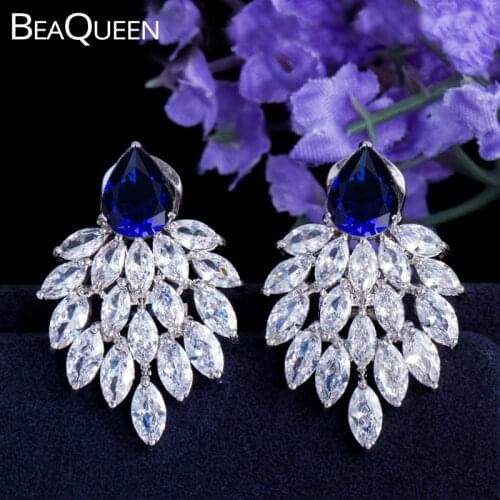 BeaQueen Gorgeous Big Blue Stone Paved White Marquise CZ Crystal Stud Earrings Women Royal Studs Jewelry for Gifts E028