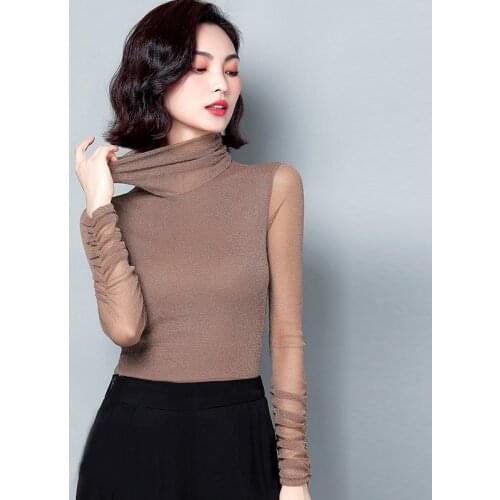 Shiny Lurex Elasticity Long Sleeve Shirt Women Blouse 2020 Fashion Ladies Clothes Turtleneck Casual Tops Womens Blouses Shirts