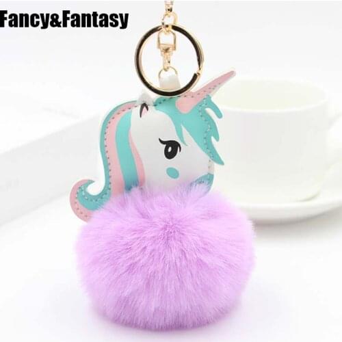Fancy&Fantasy Cute Trinket Pompom Key Chain Faux Rabbit Fur Ball Horse Unicorn Keychain Animal Pom Pom Car Key Ring Bag Pendant