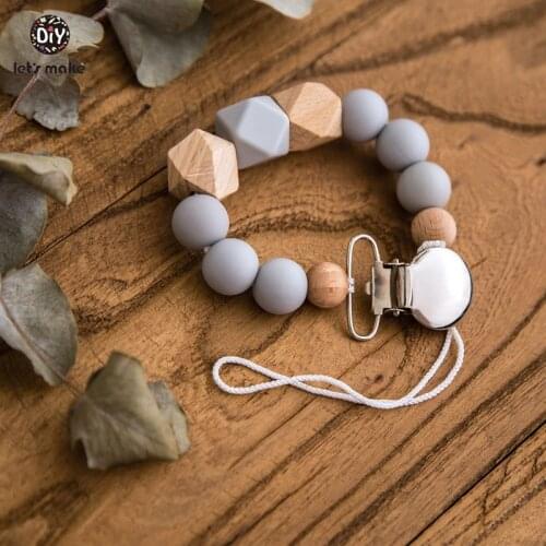 Lets Make Baby Pacifier Chain 1Pc Food Grade Hexagon Wooden Beads Round Metal Nipple Clip Silicone Beads Pacifier Clips Holder