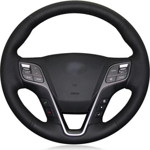 Car Steering Wheel Cover Soft Black Genuine Leather DIY Hand-stitched For Hyundai Santa Fe 2013-2018 ix45 2013-2016