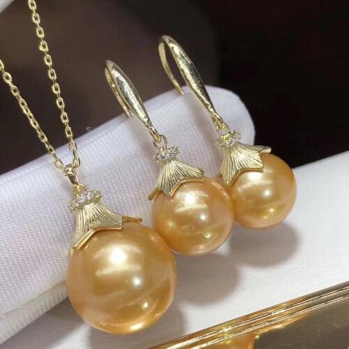 D313 Fine Jewelry S925 Sterling Silver 10-14mm Nature Fresh Water Golden Pearl Females Jewelry Sets for Women FIne Jewelry Sets