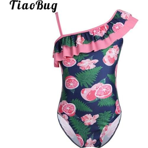 TiaoBug Girls One-piece Lemon Printed Swimsuit Kids Swim Adjustable Straps Ruffle One-shoulder Swimwear Bathing Suit Beachwear