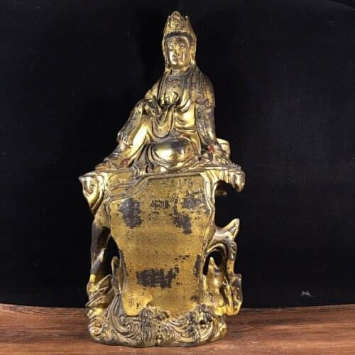 14"Chinese temple collection Old Bronze Cinnabar Lacquer Free Avalokitesvara sit Buddha Terrace Ornaments Town House