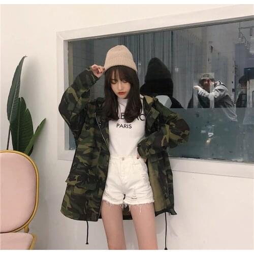 Spring and autumn jacket female loose boyfriend style oversize camouflage outwear hooded overcoat