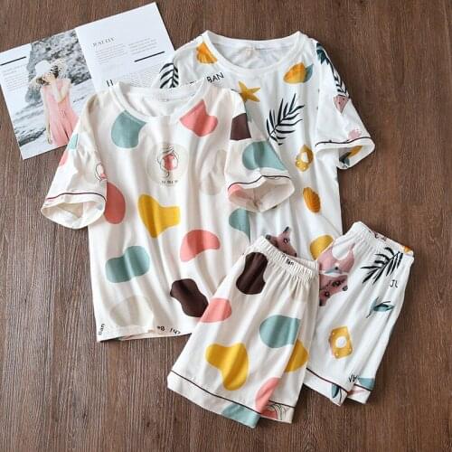 Summer Short Sleeve Womens Pajamas Shorts Casual Knitted Cotton Homewear Cute Cartoon Print Home Suit Women Lounge Wear Pyjamas