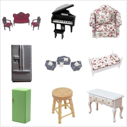 Mini Dollhouse Furniture set 1/12 Miniature Wood sofa bed Chairs Table cabinet Toys for Barbie Doll House Decoration Accessories
