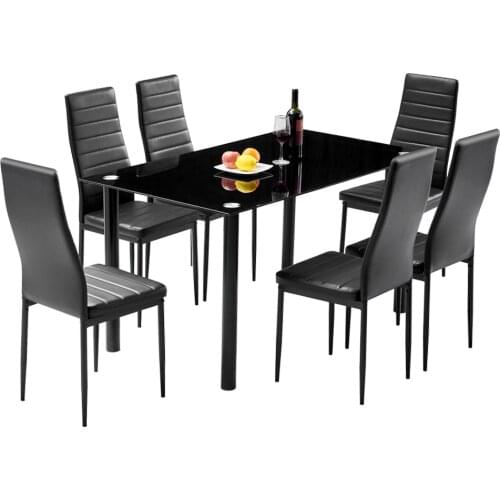 6-Seater Dining Table Chair Set Includes 1 Tempered Glass Dining Table + 6 High Backrest Dining Chairs Black[US-Depot]